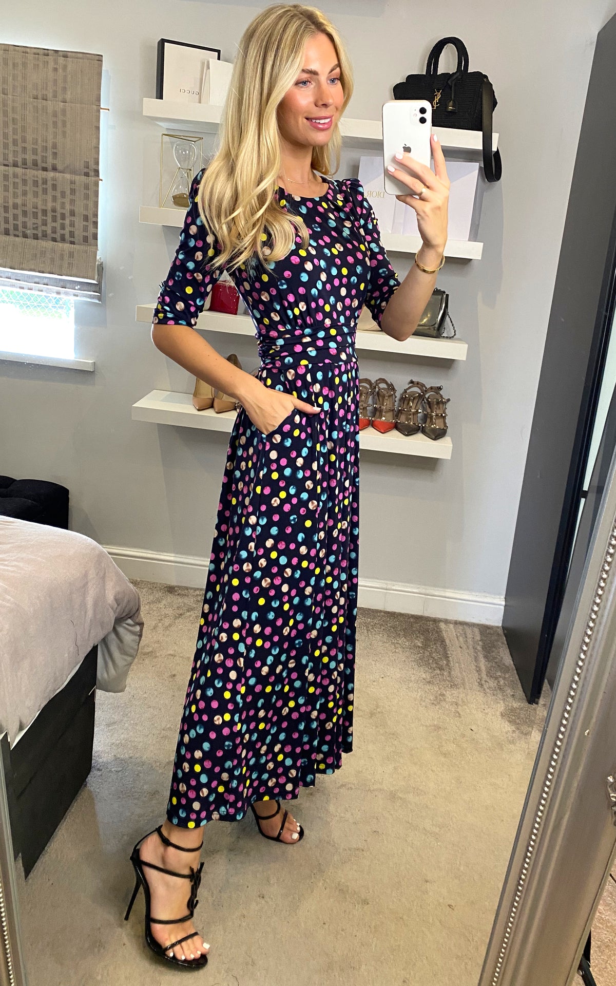 Pauline Sleeved Maxi Dress, Navy Spot