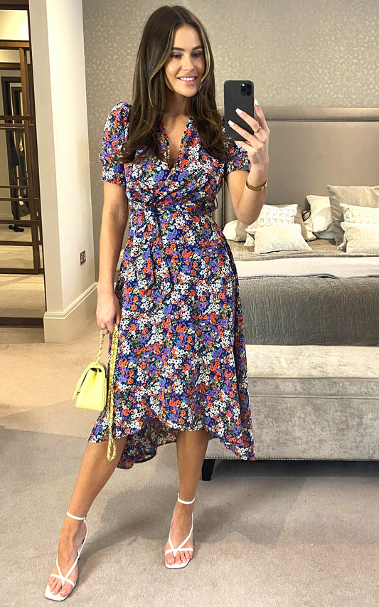 Autumn print floral wrap dress