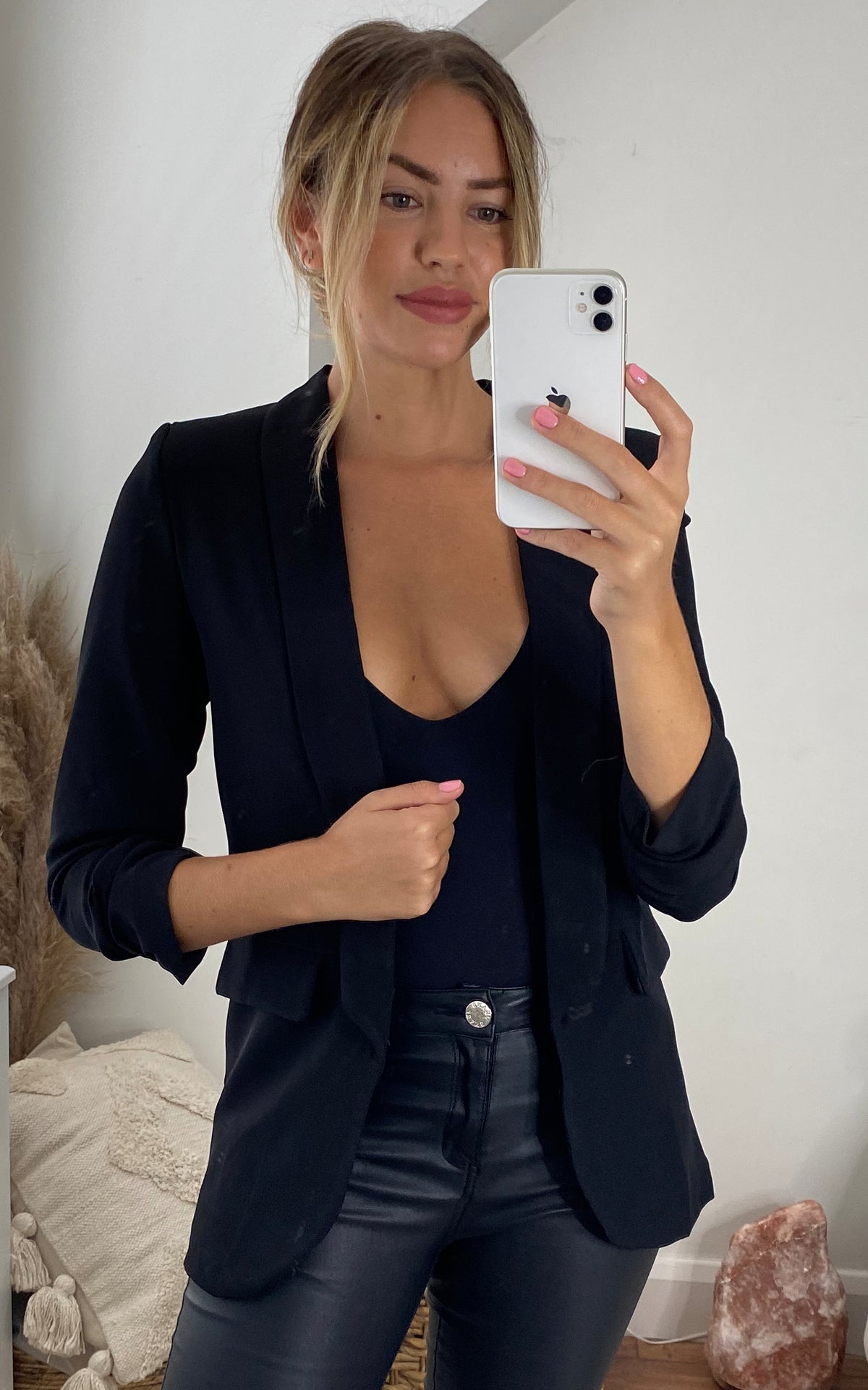 Oversized Rouched Sleeve Blazer in Black