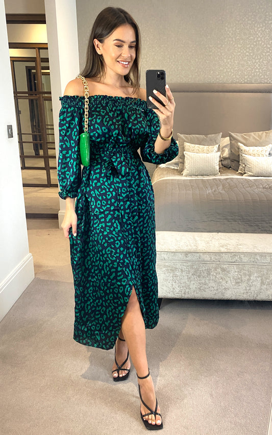 Bardot green leopard print wrap dress with front slit in navy
