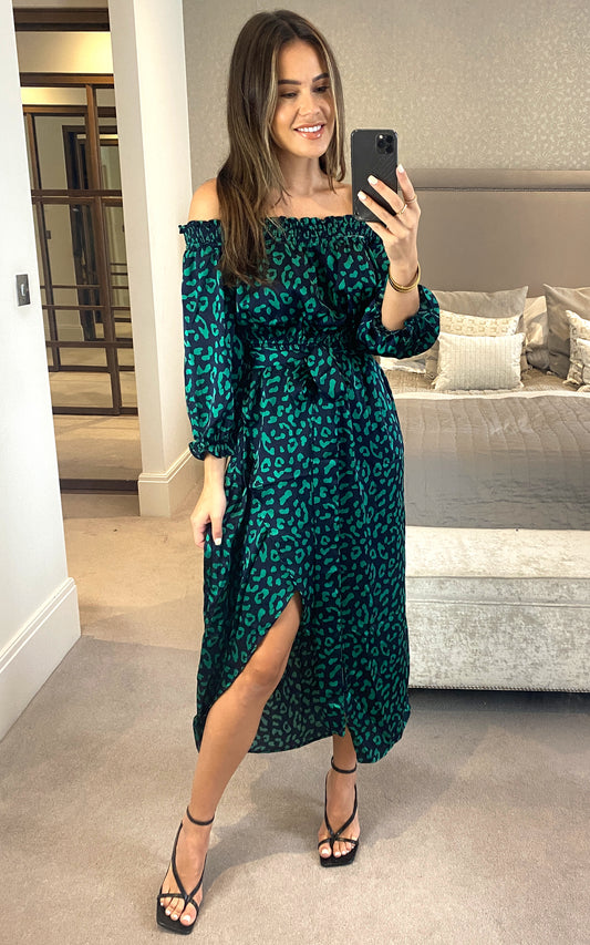 Bardot green leopard print wrap dress with front slit in navy