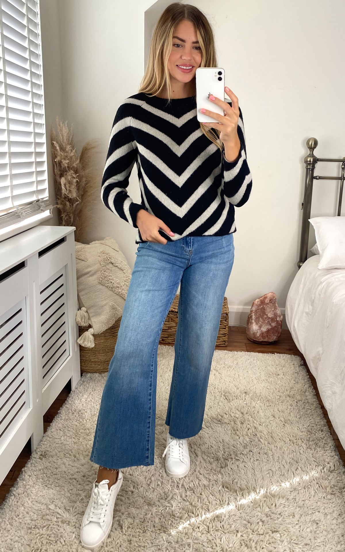 Long Sleeve Jumper with Chevron Stripes in Black and White
