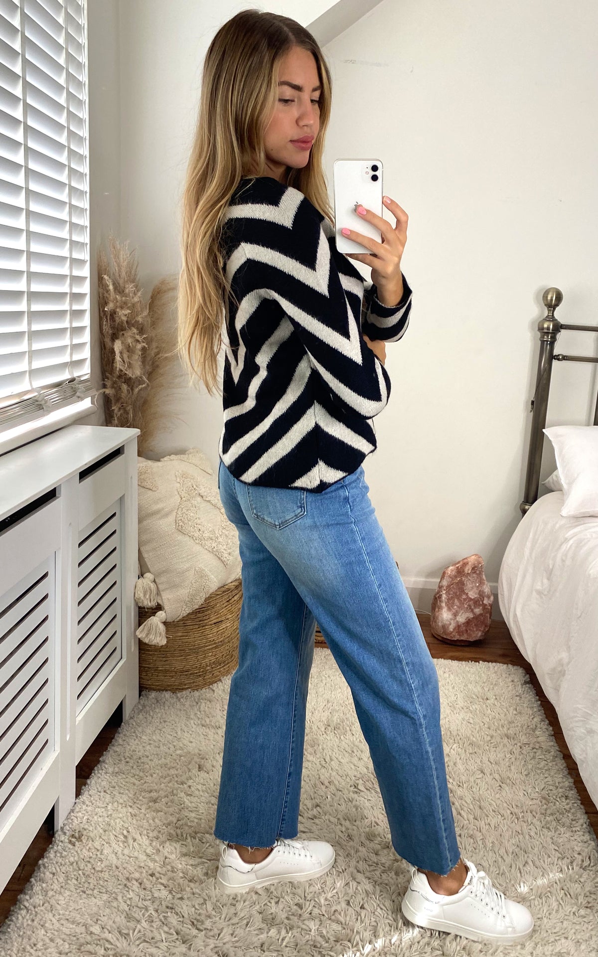 Long Sleeve Jumper with Chevron Stripes in Black and White
