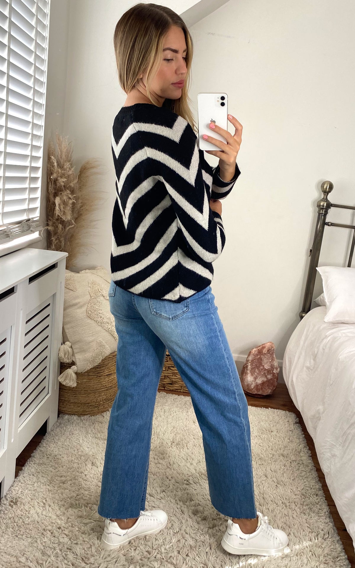 Long Sleeve Jumper with Chevron Stripes in Black and White