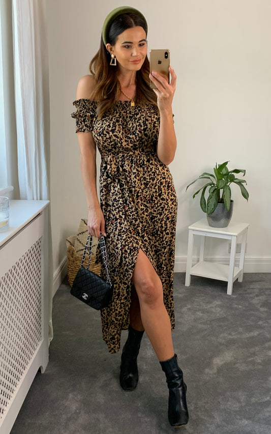 Multicolour leopard print bardot wrap dress