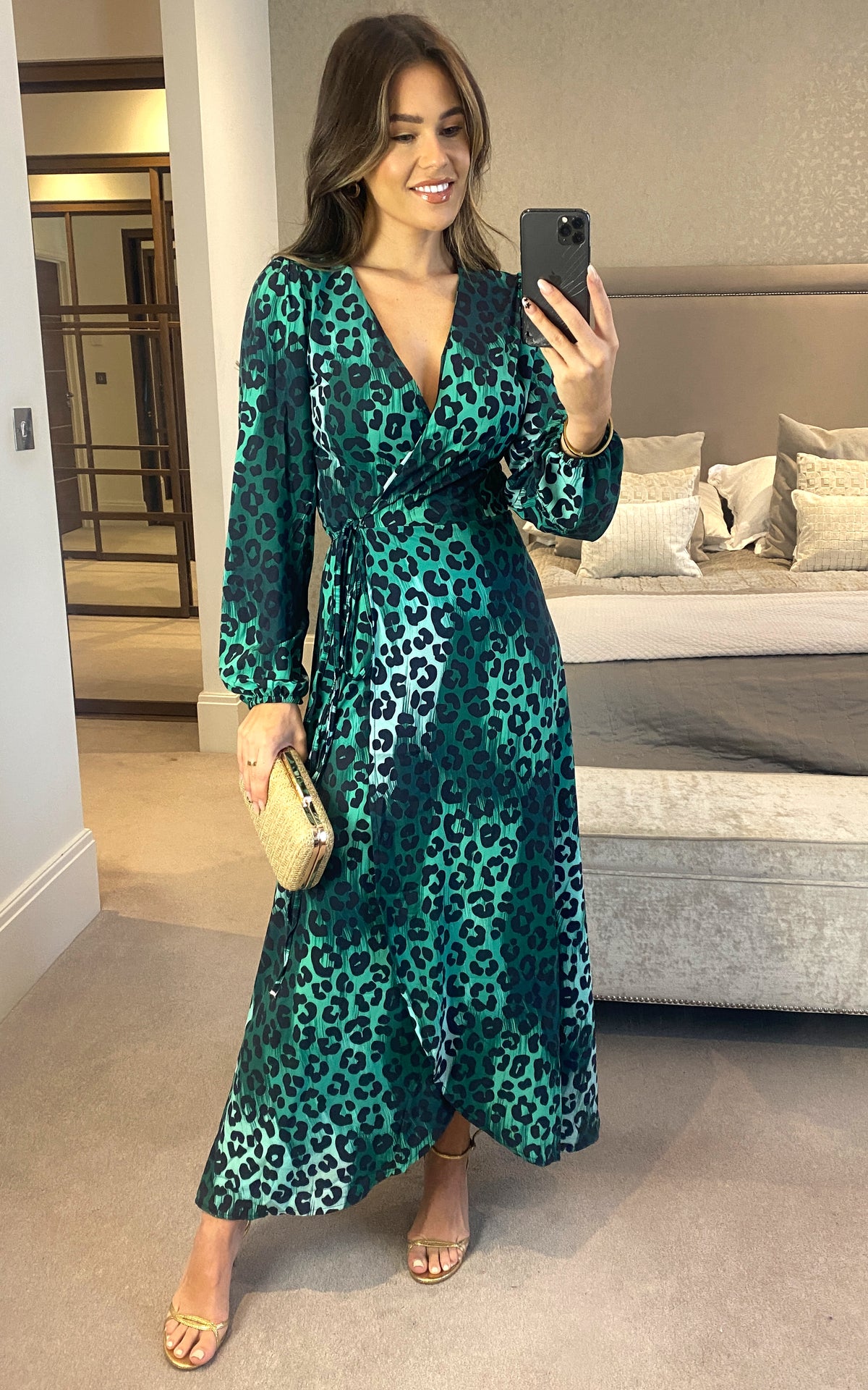 Wrap Midi Dress in Green Leopard Print