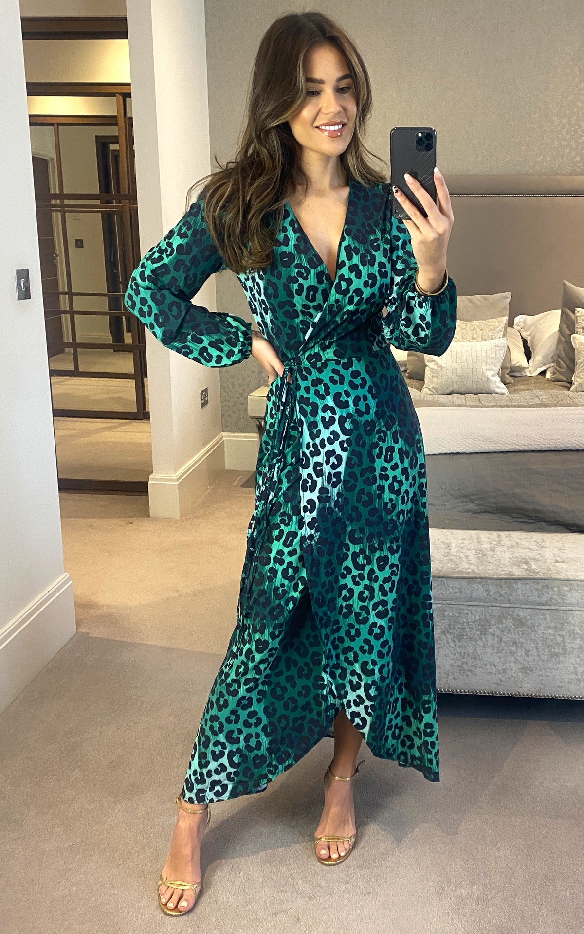 Wrap Midi Dress in Green Leopard Print
