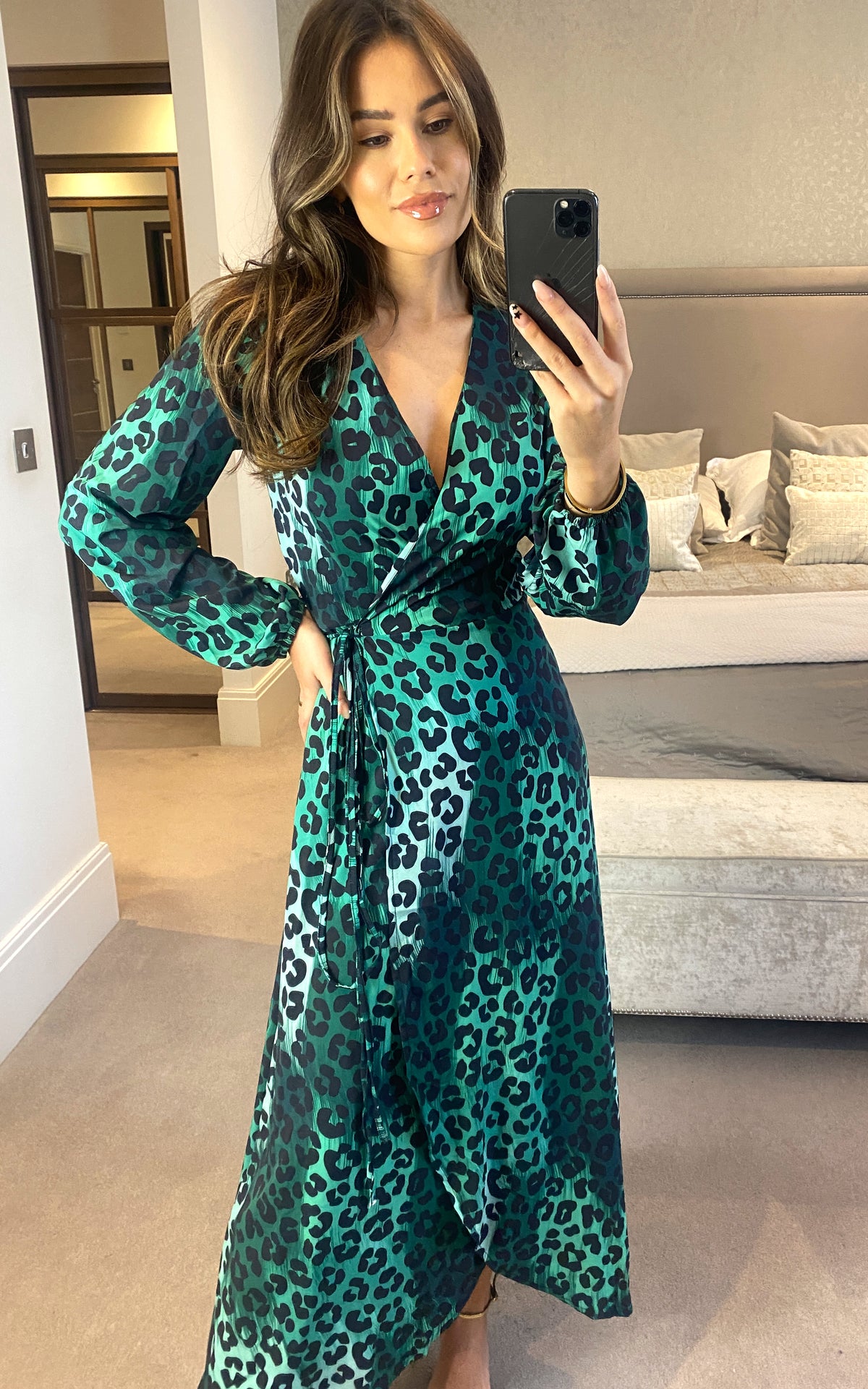 Wrap Midi Dress in Green Leopard Print