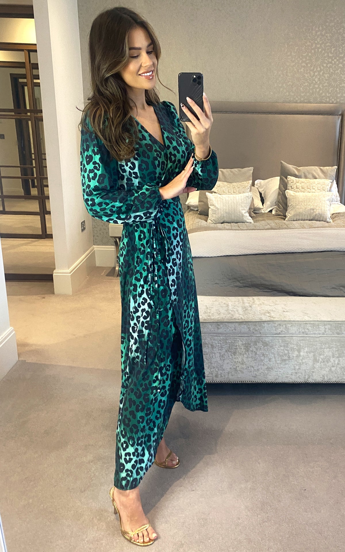 Wrap Midi Dress in Green Leopard Print