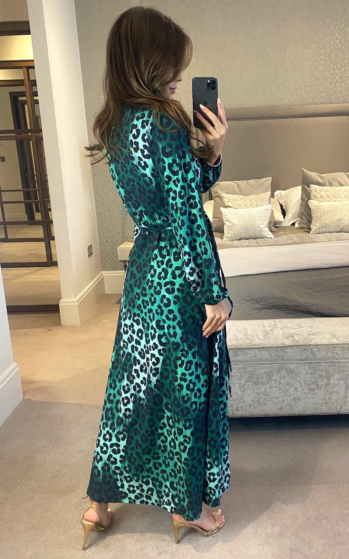 Wrap Midi Dress in Green Leopard Print