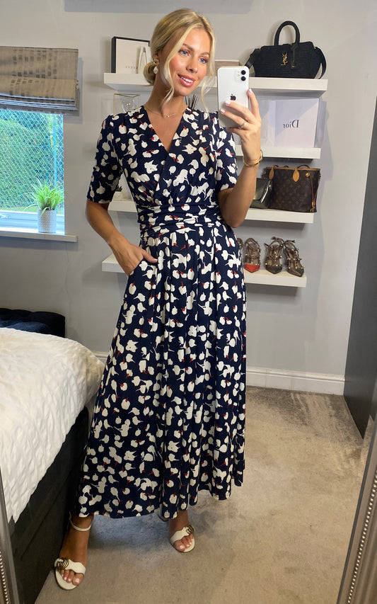 Acadia Abstract Floral Print Wrap Maxi Dress, Navy/White