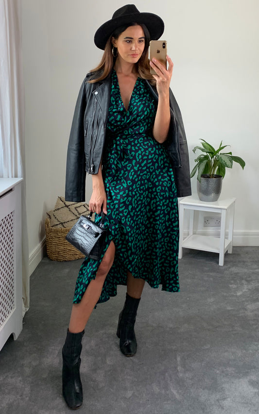 Green/navy leopard plunge neck  floral print midi wrap dress
