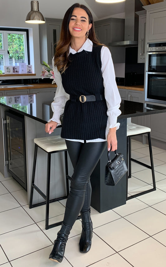 Leya 2 In 1 Belted Vest & Shirt Jumper In Black