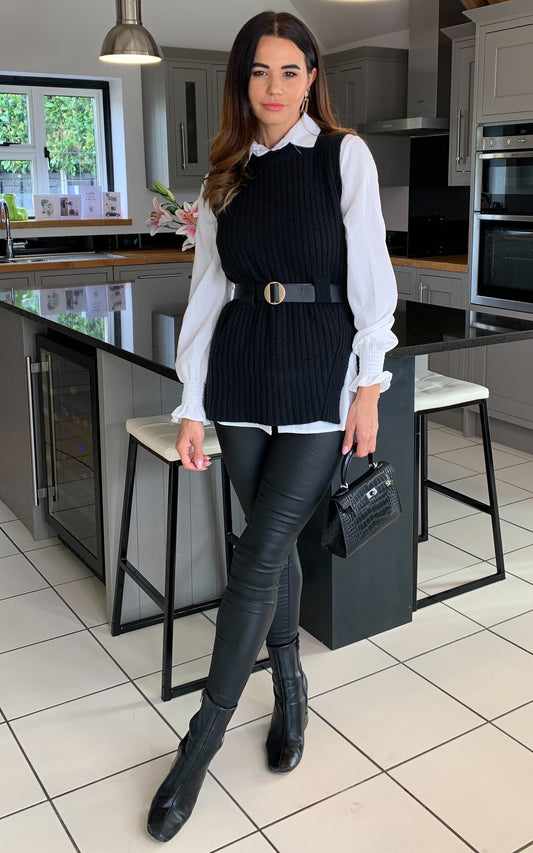 Leya 2 In 1 Belted Vest & Shirt Jumper In Black