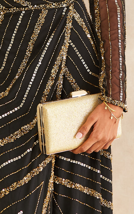 Gold Glitter Clutch Bag with Gold Details