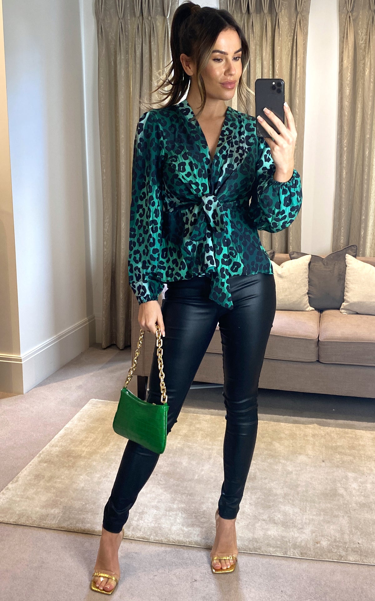 Wrap Over Long Sleeve Top/Blouse in Green Leopard print
