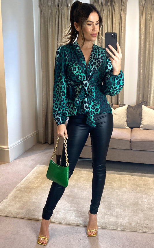 Wrap Over Long Sleeve Top/Blouse in Green Leopard print