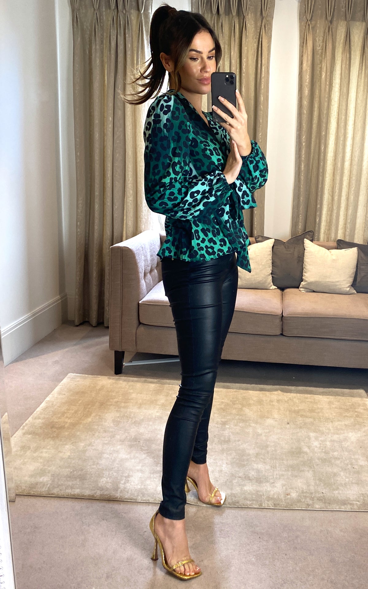 Wrap Over Long Sleeve Top/Blouse in Green Leopard print