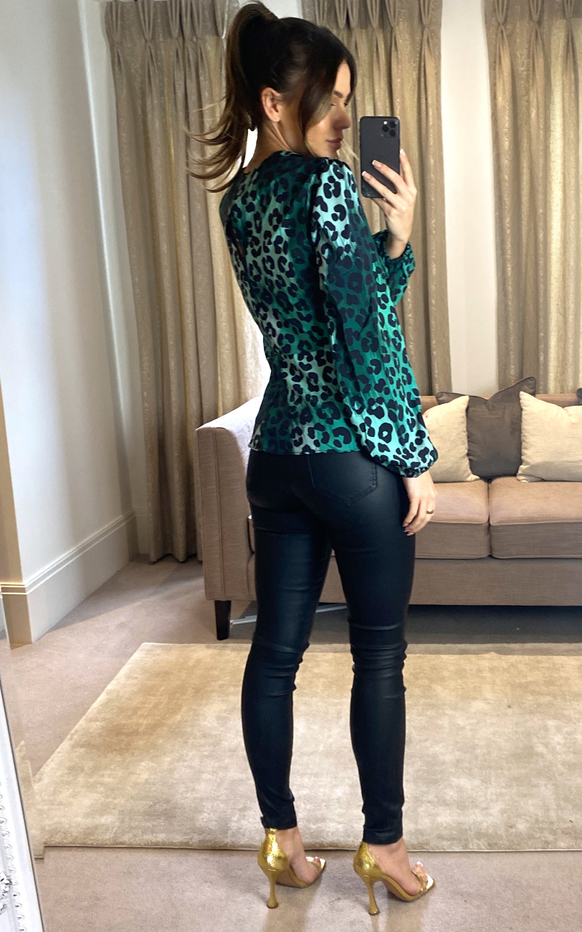 Wrap Over Long Sleeve Top/Blouse in Green Leopard print