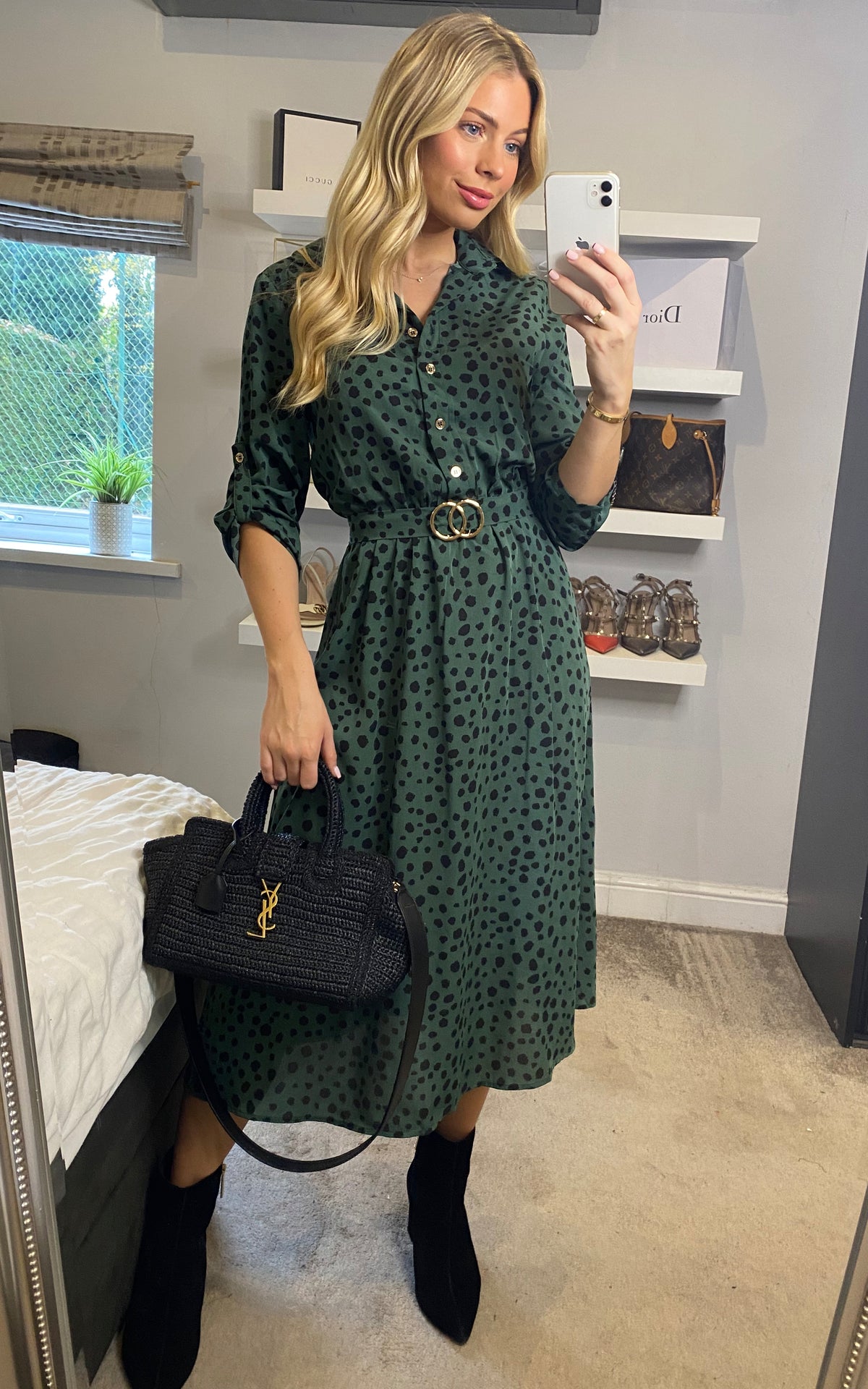 Belted Blotch Print Midi Dress in Green