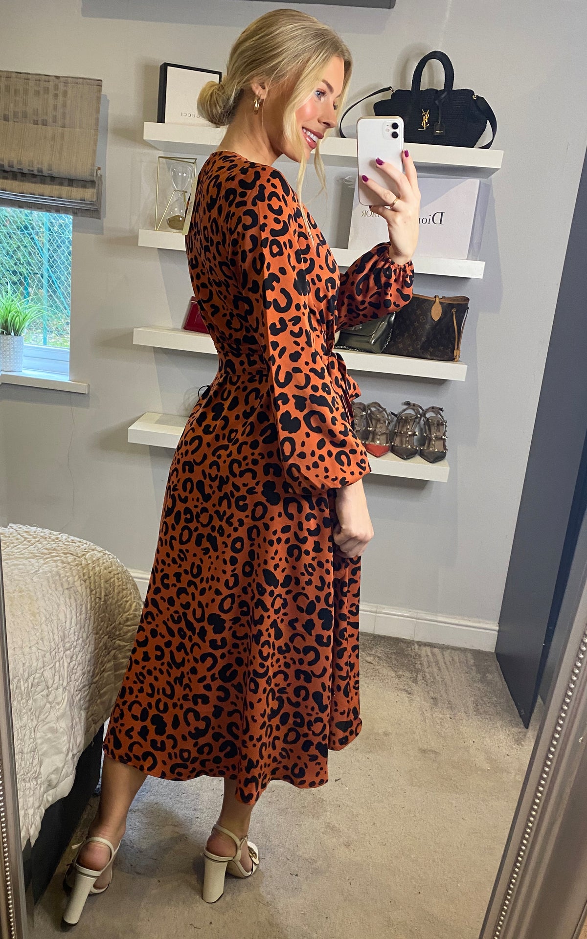 Leopard print long sleeve midi wrap dress with belt fastening in tan