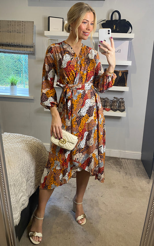Mixed animal print wrap dress with belt fastening in multicolour