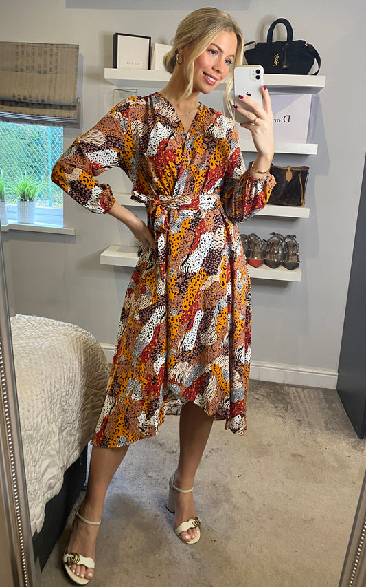 Mixed animal print wrap dress with belt fastening in multicolour