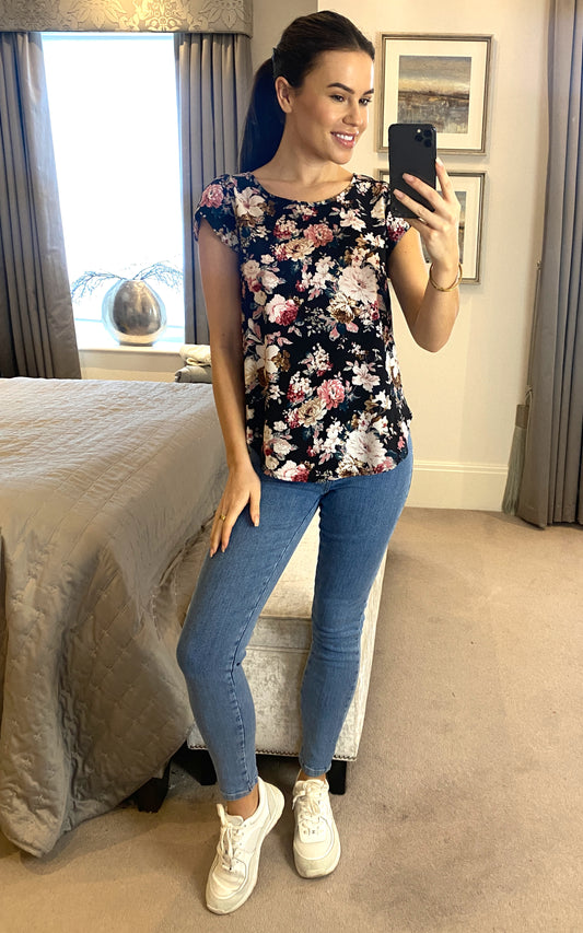 Black Floral Round Neck Short Sleeve Top