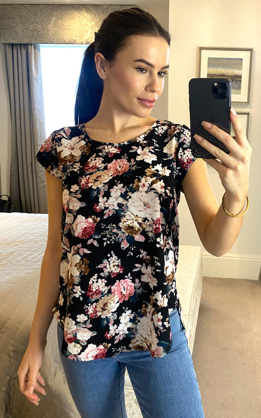 Black Floral Round Neck Short Sleeve Top