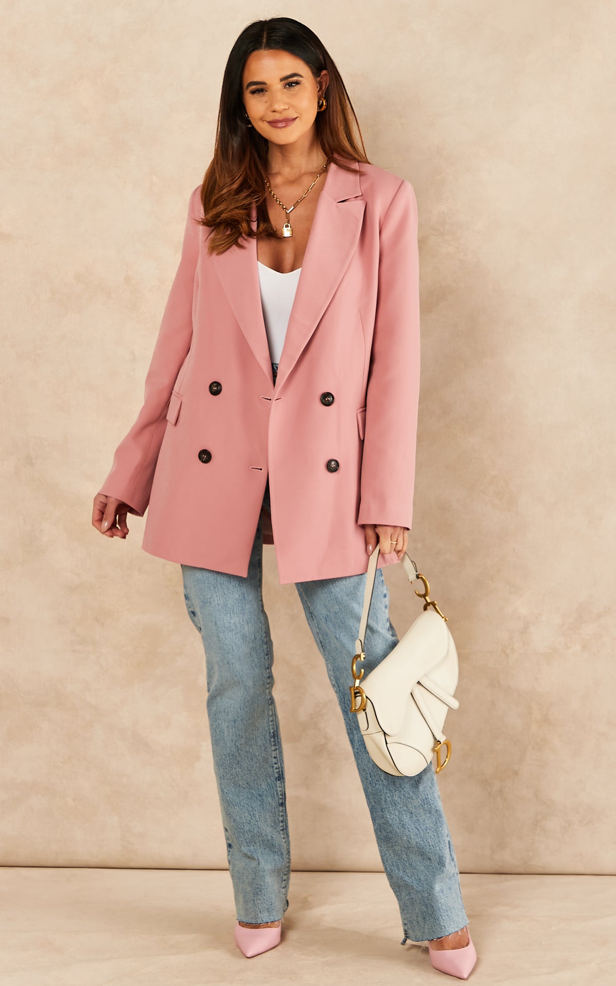 Oversize Longline Blazer with 4 buttons and Pockets in Blush Pink