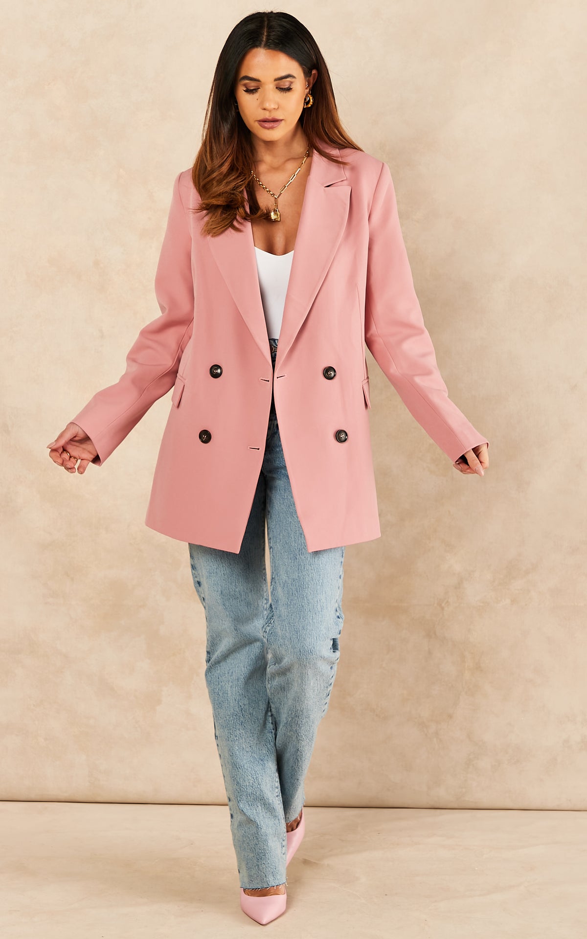 Oversize Longline Blazer with 4 buttons and Pockets in Blush Pink