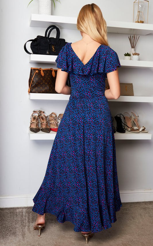 Luciana Frilly Dip Polka Dot Midi Dress, Blue Animal