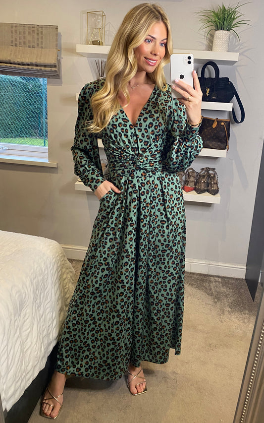 Kylie Long Sleeve Jumpsuit, Green Animal