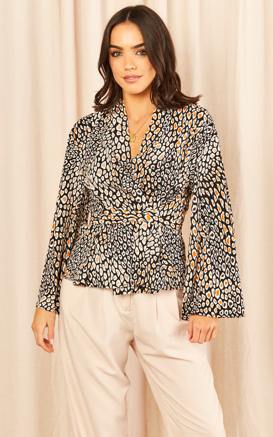 Leopard print long sleeve wrap top