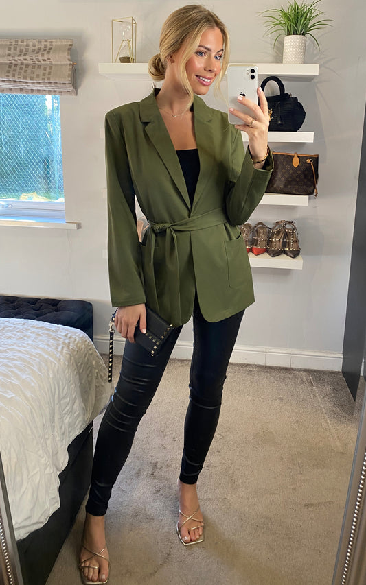 Tie Waist Wrap Blazer in Khaki