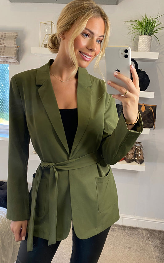 Tie Waist Wrap Blazer in Khaki