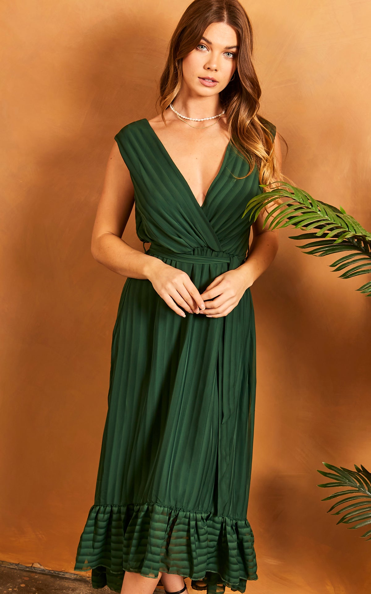 Sleeveless Plunge Maxi Dress In Forest Green
