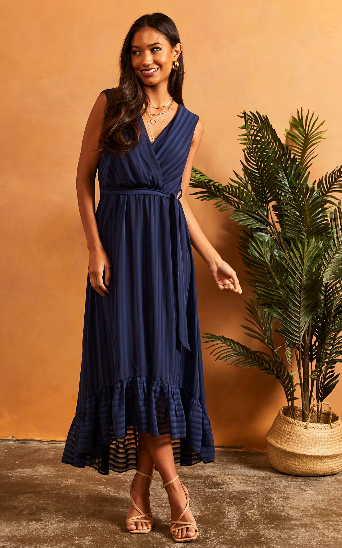 Sleeveless Plunge Maxi Dress in Navy