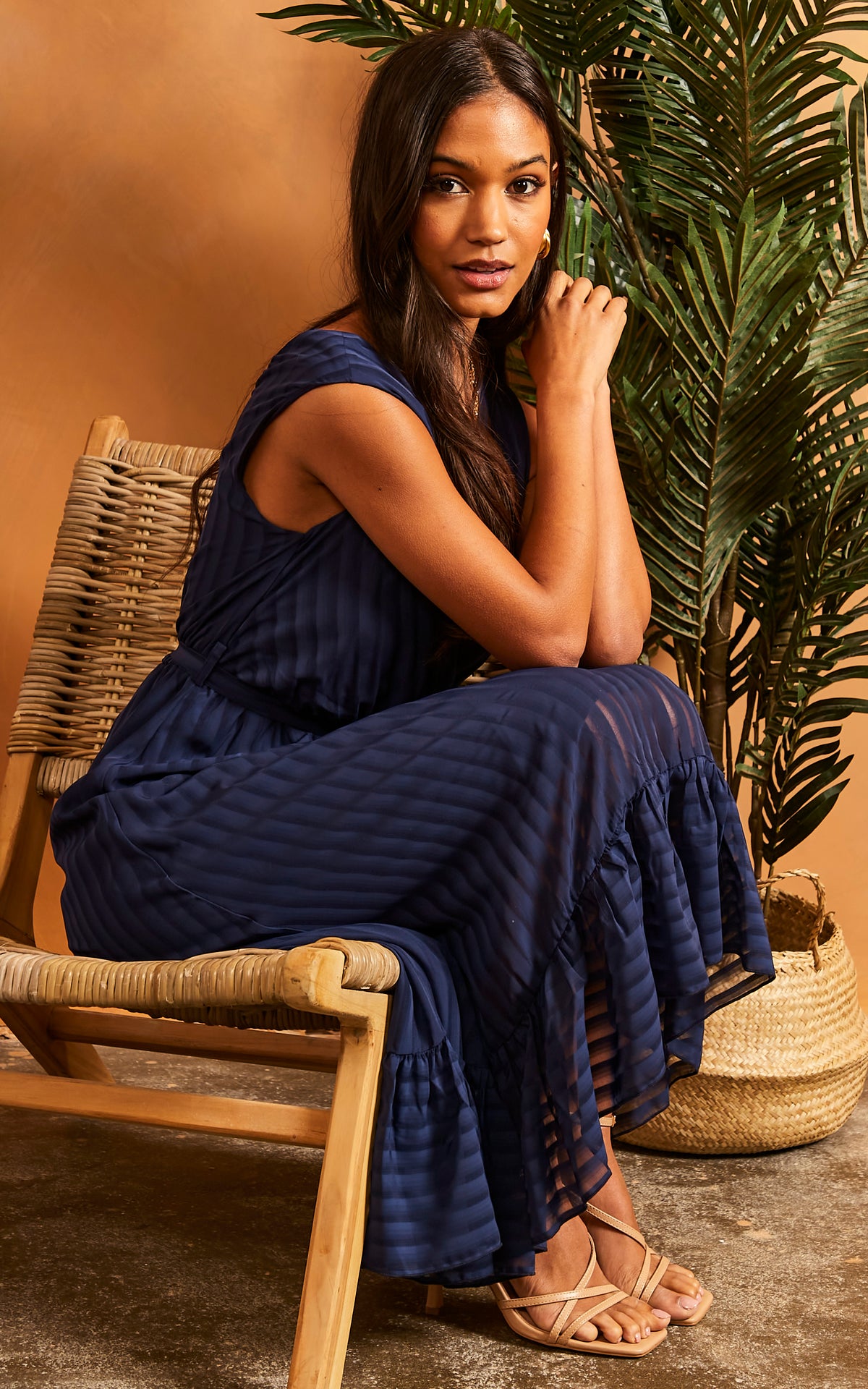 Sleeveless Plunge Maxi Dress in Navy