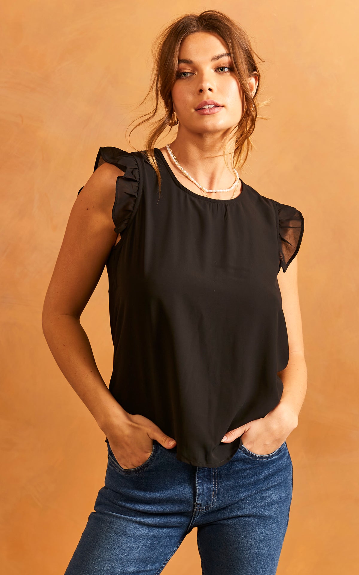 Frill Sleeve Top in Black