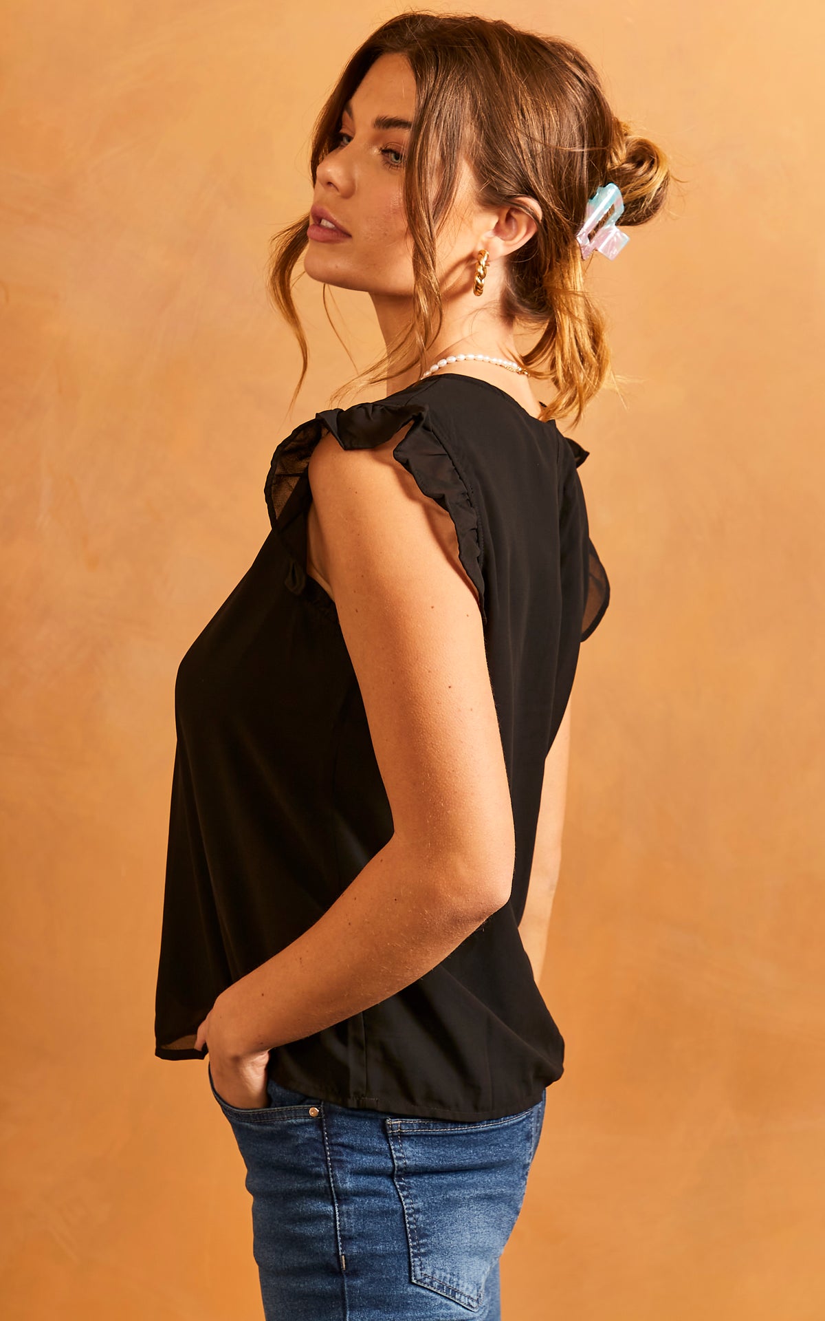 Frill Sleeve Top in Black