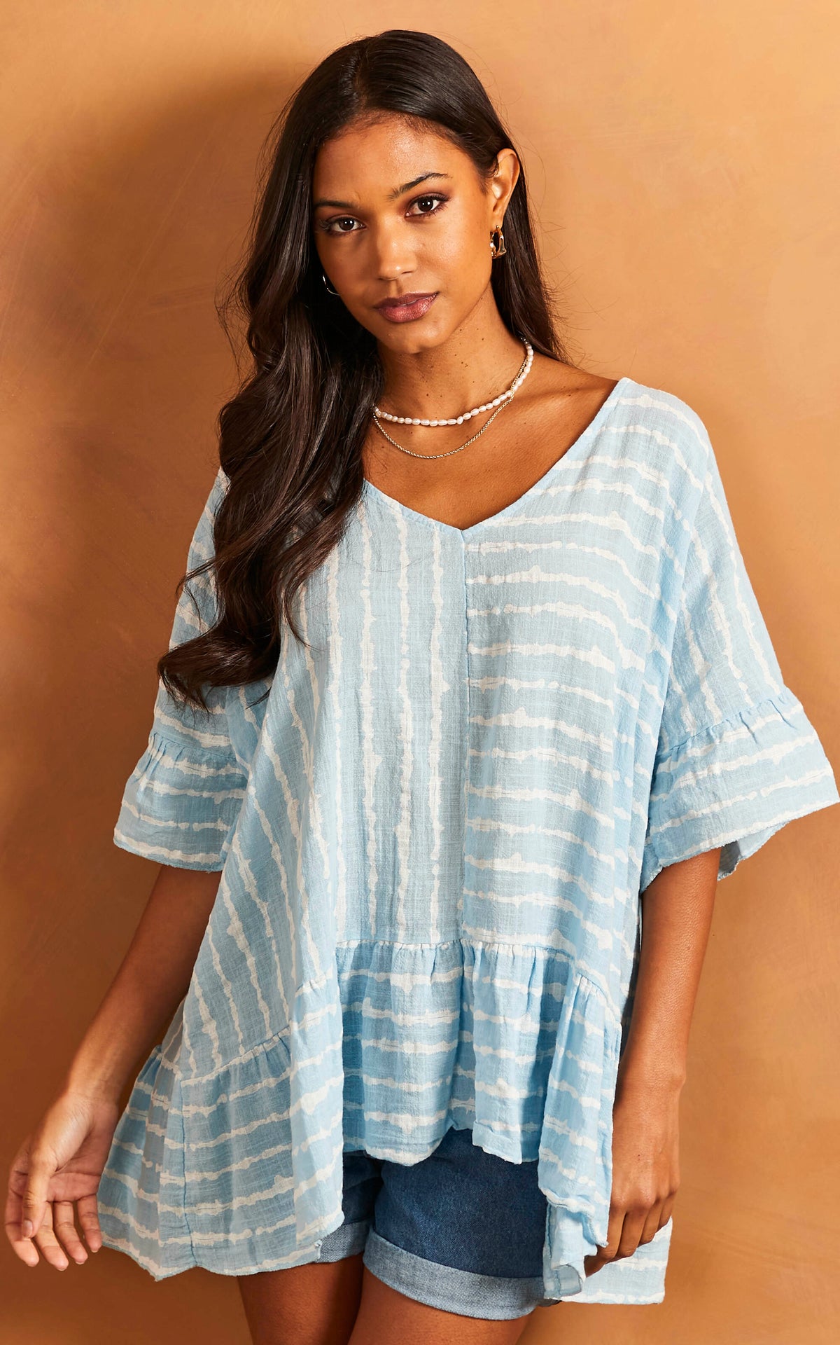 Striped Frill Hem Top in Light Blue and White