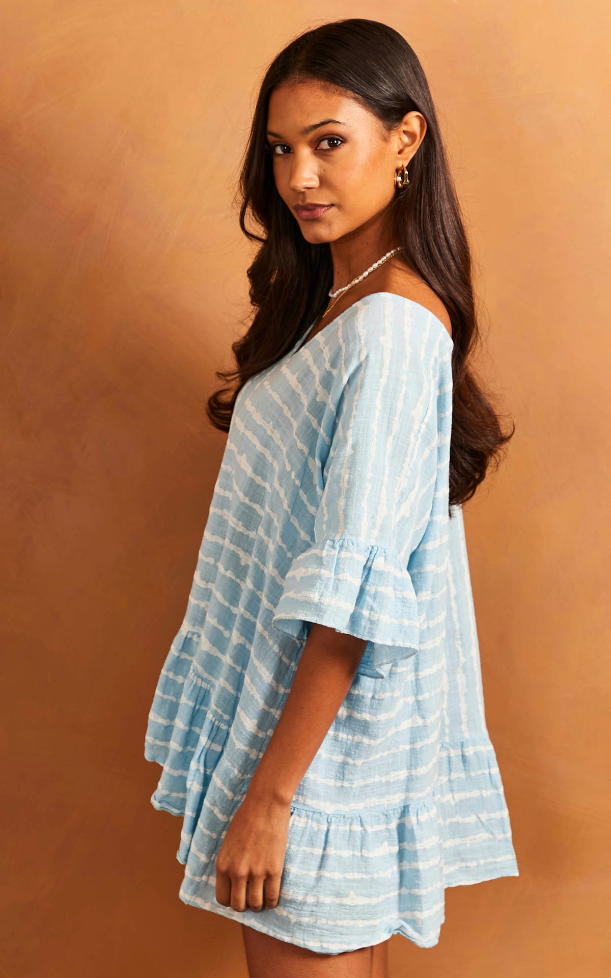 Striped Frill Hem Top in Light Blue and White