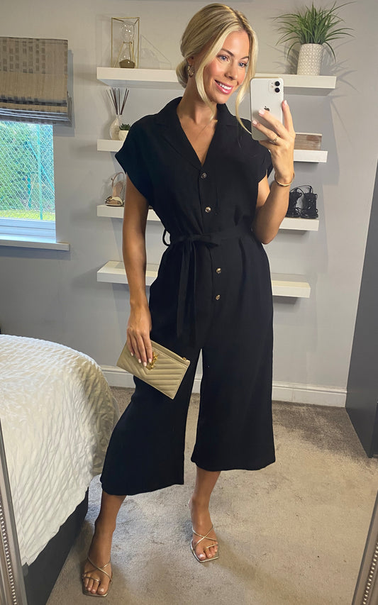 Button Up Linen Jumpsuit in Black