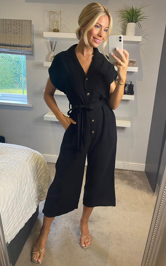 Button Up Linen Jumpsuit in Black