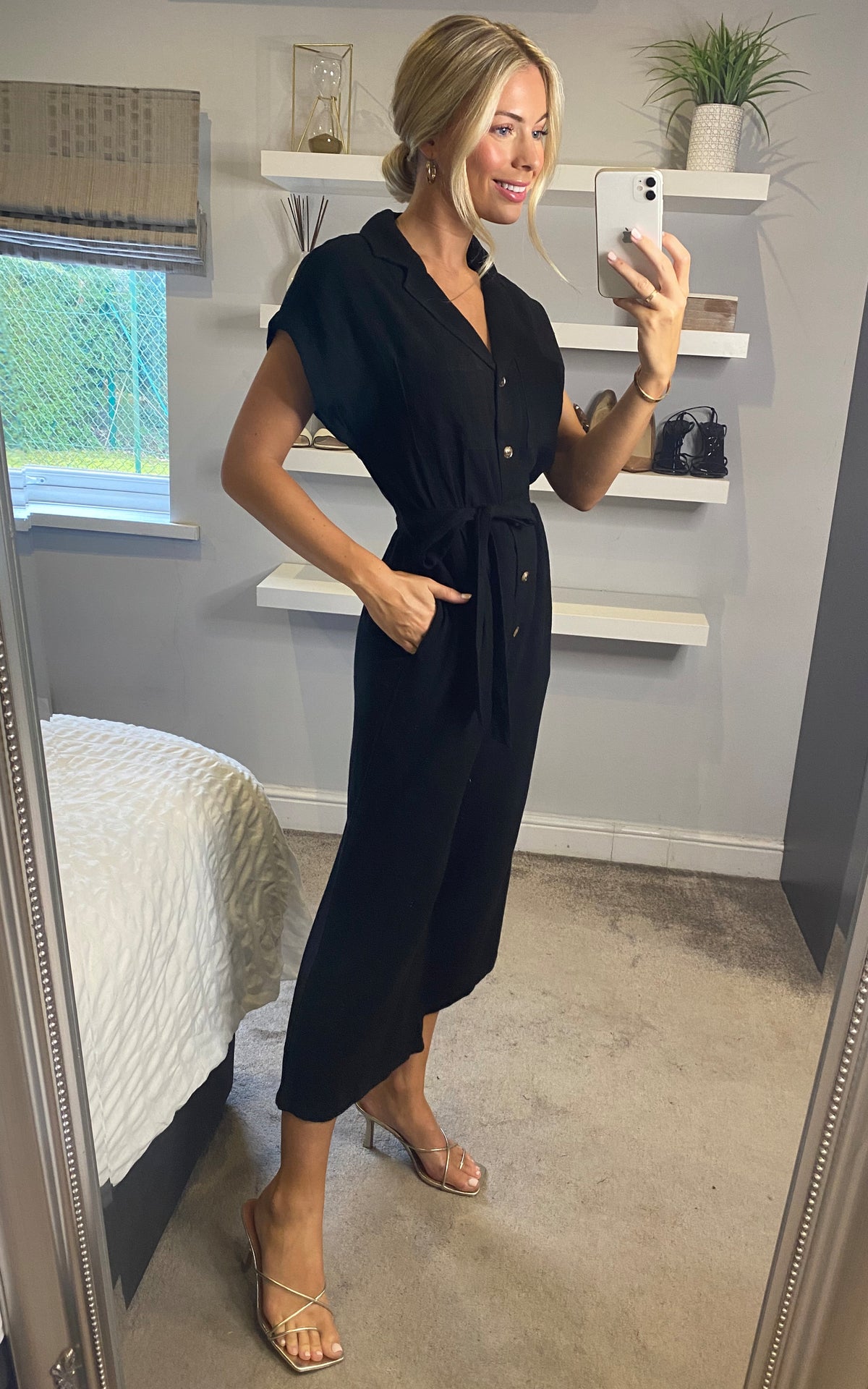 Button Up Linen Jumpsuit in Black
