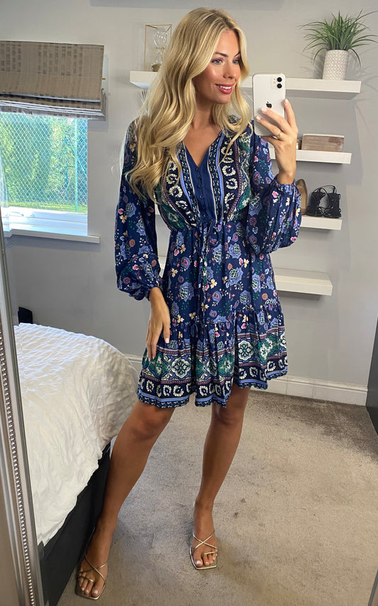 Multi Blue Floral Long Sleeve Short Smock Dress