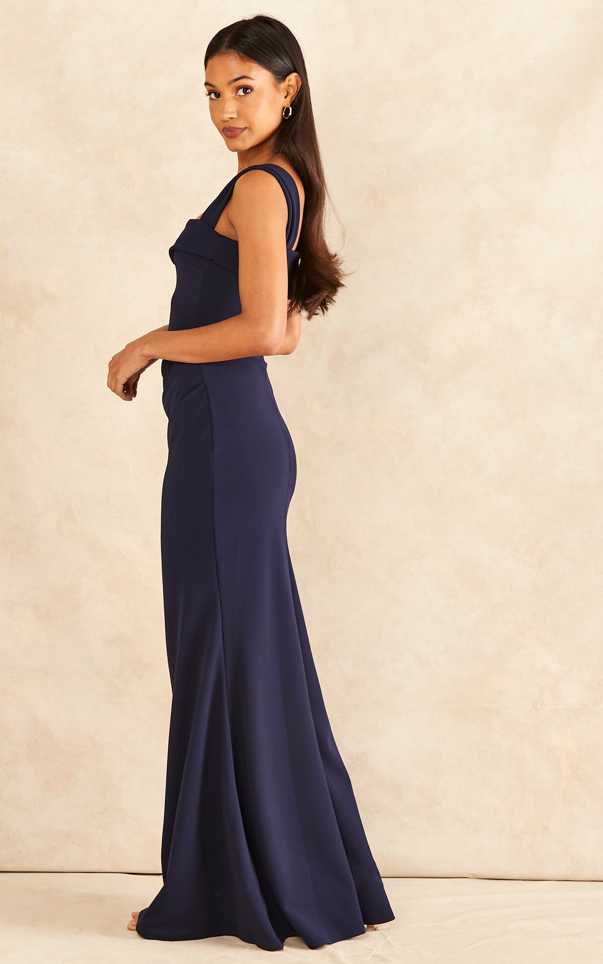 Off The Shoulder Pleated Waist Maxi Dress - Navy