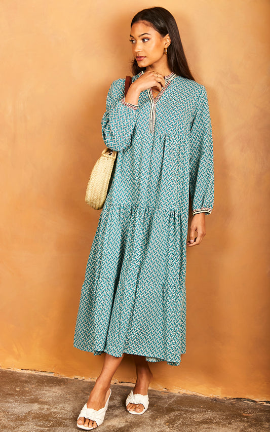 Geometric Print Long Sleeve Maxi Dress In Green