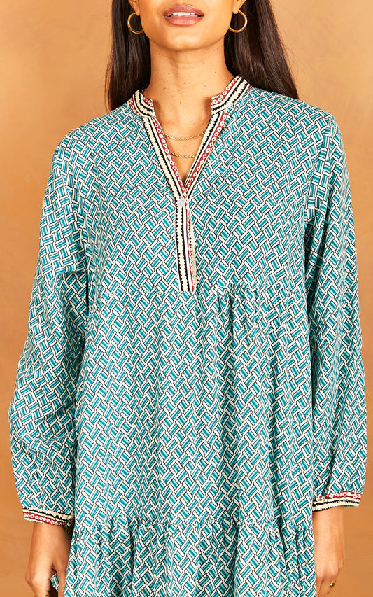 Geometric Print Long Sleeve Maxi Dress In Green